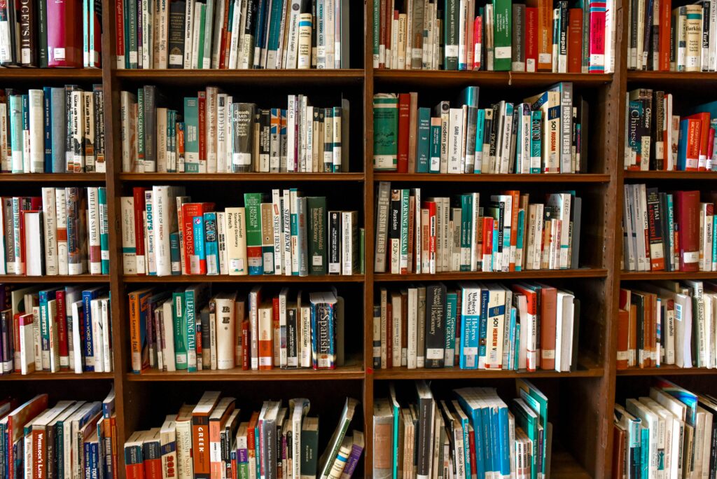 Vibrant library scene featuring wooden bookshelves filled with various books.